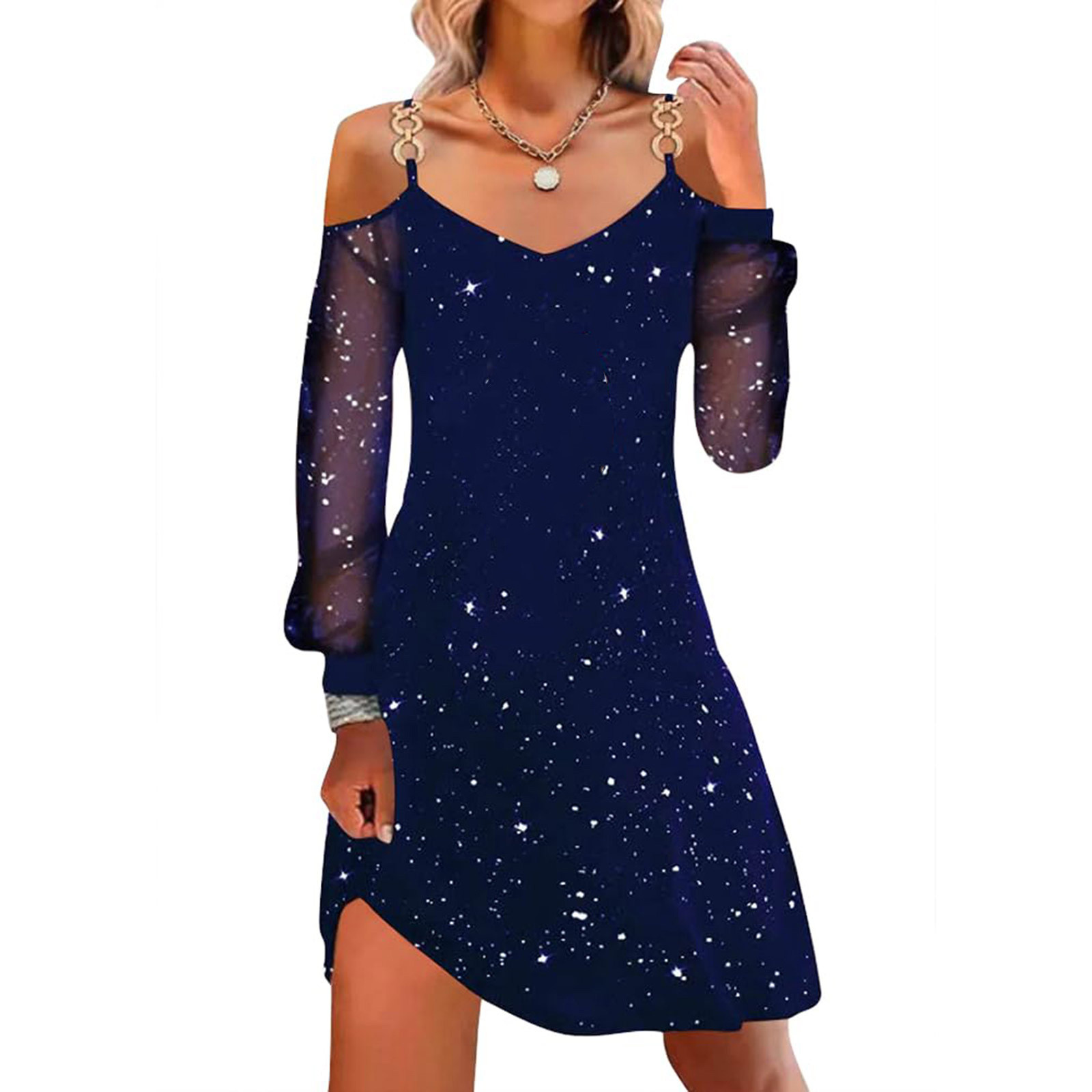 thumbnail image 3 of Vestido de manga larga de malla de color liso para mujer para Navidad: estampado festivo, cuello en V, ropa informal para fiestas, 3 of 5